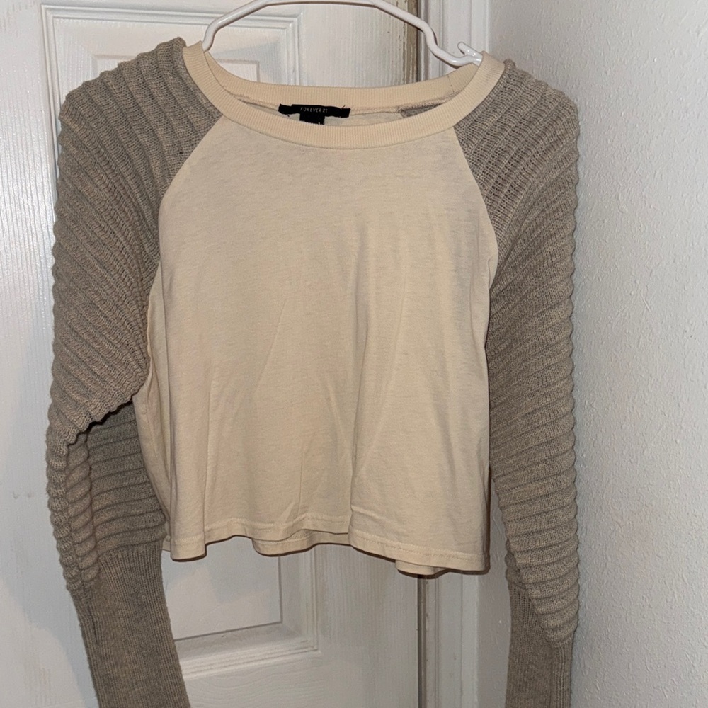 Forever 21 Cream and Gray Ribbed Long Sleeve Top Sweater